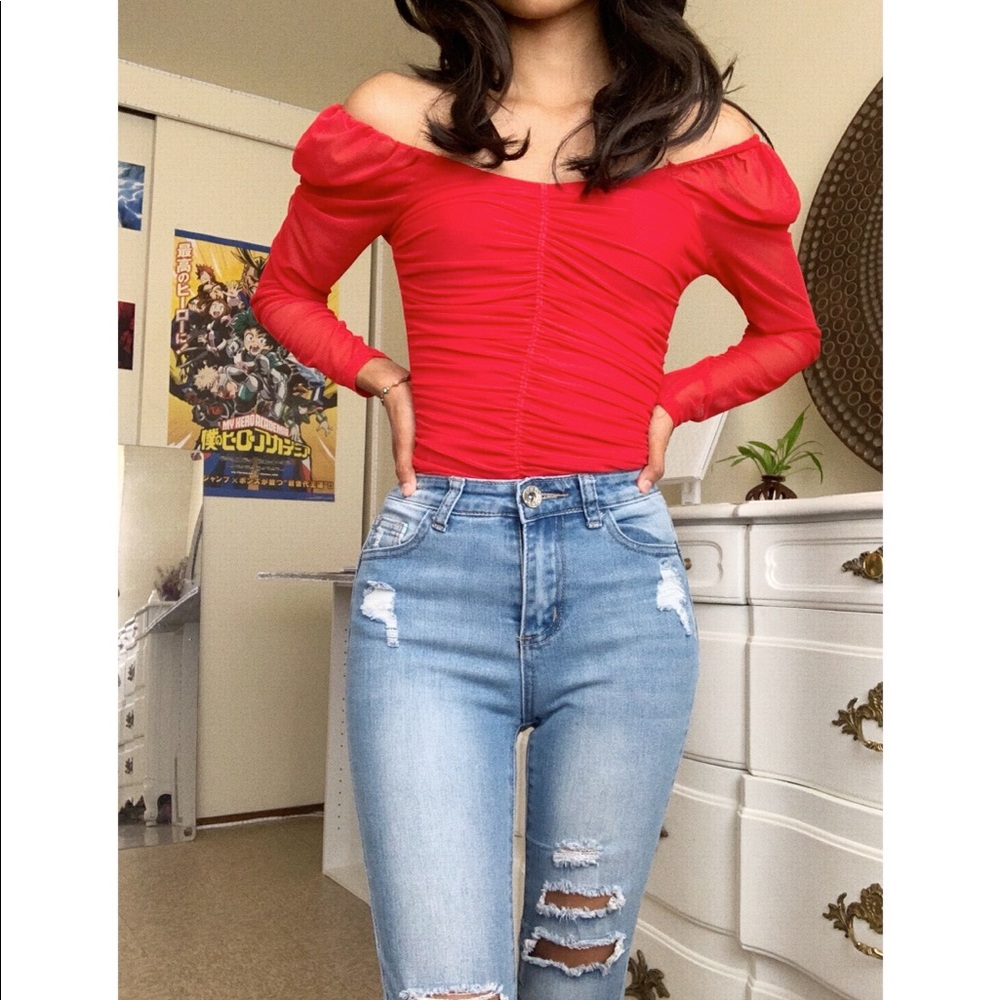 Red, Ruched, Off The Shoulder Body Suit. (Worn 2x)